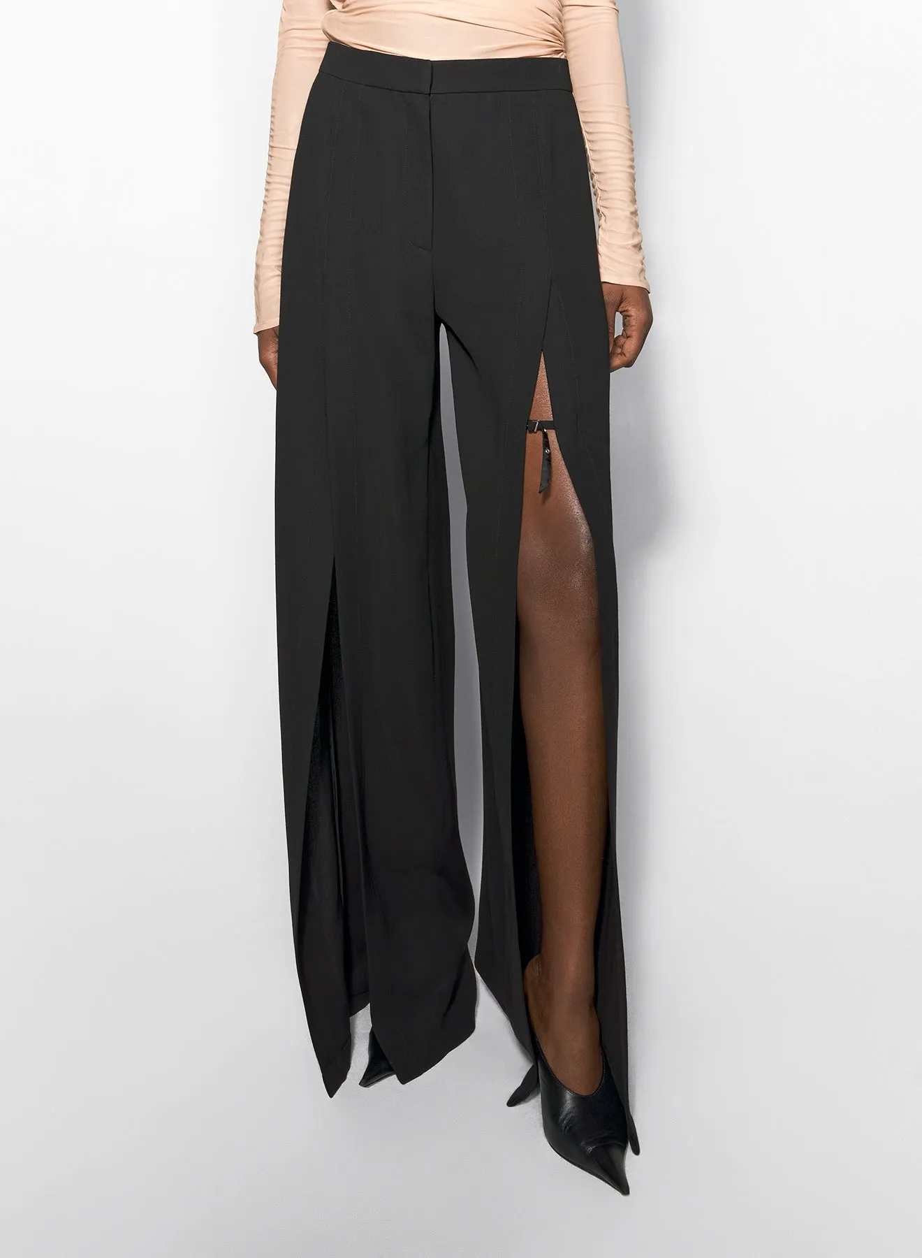 black wide-leg slit buckled trousers