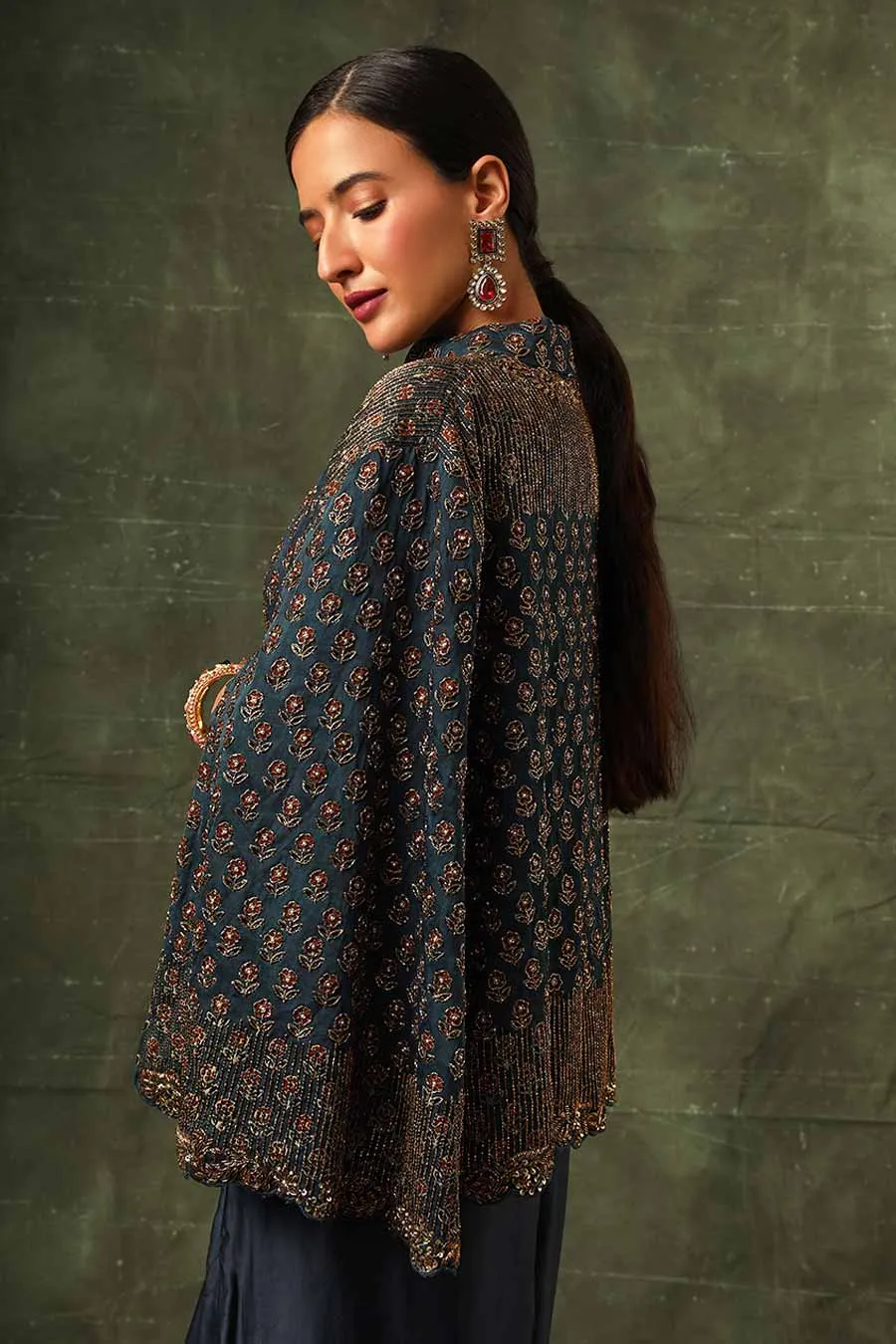 Blue Ajrakh Embroidered Jacket, Blouse & Skirt Set