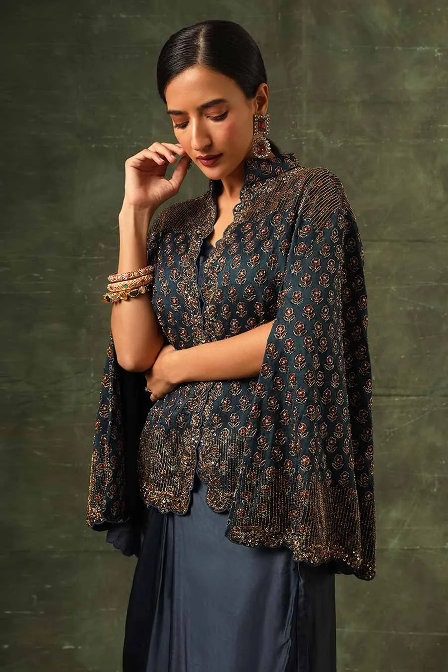 Blue Ajrakh Embroidered Jacket, Blouse & Skirt Set