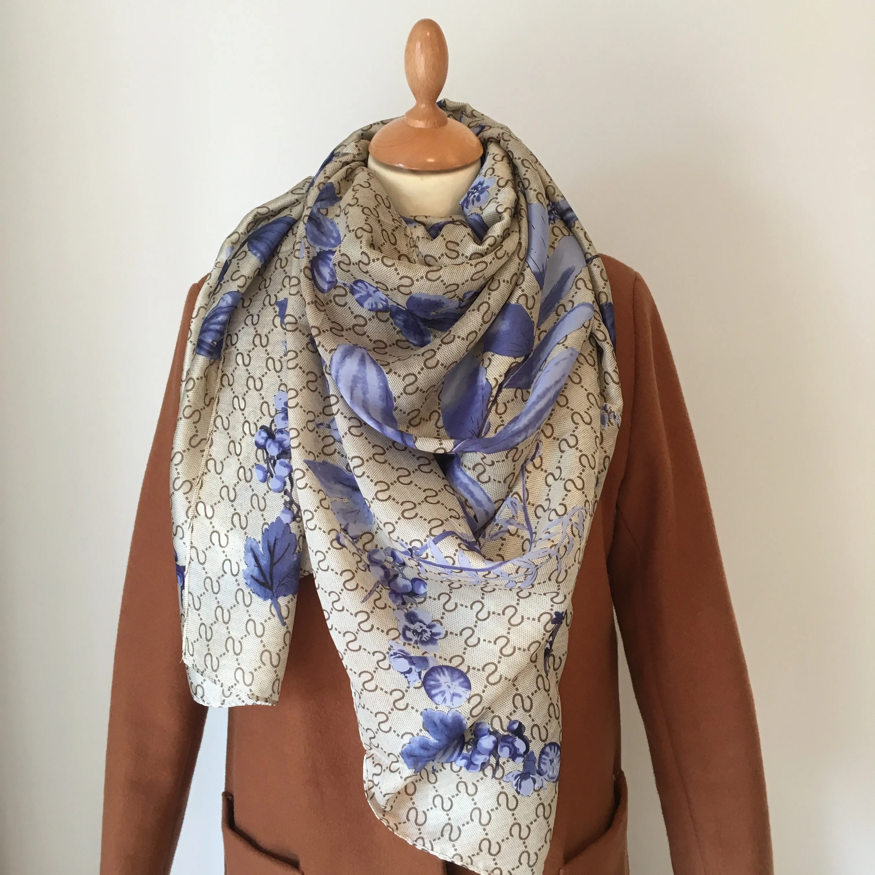 Blue Floral Print Silk Feel Scarf