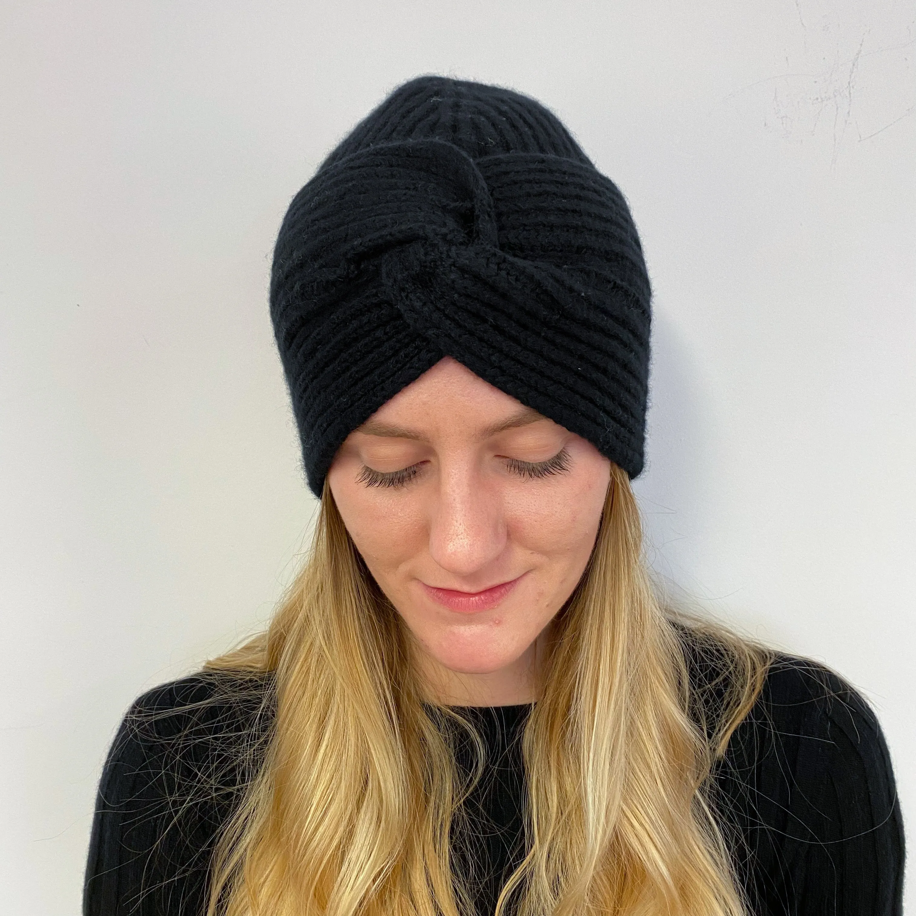 Brand New Black Ribbed Knit Turban Beanie Hat One Size