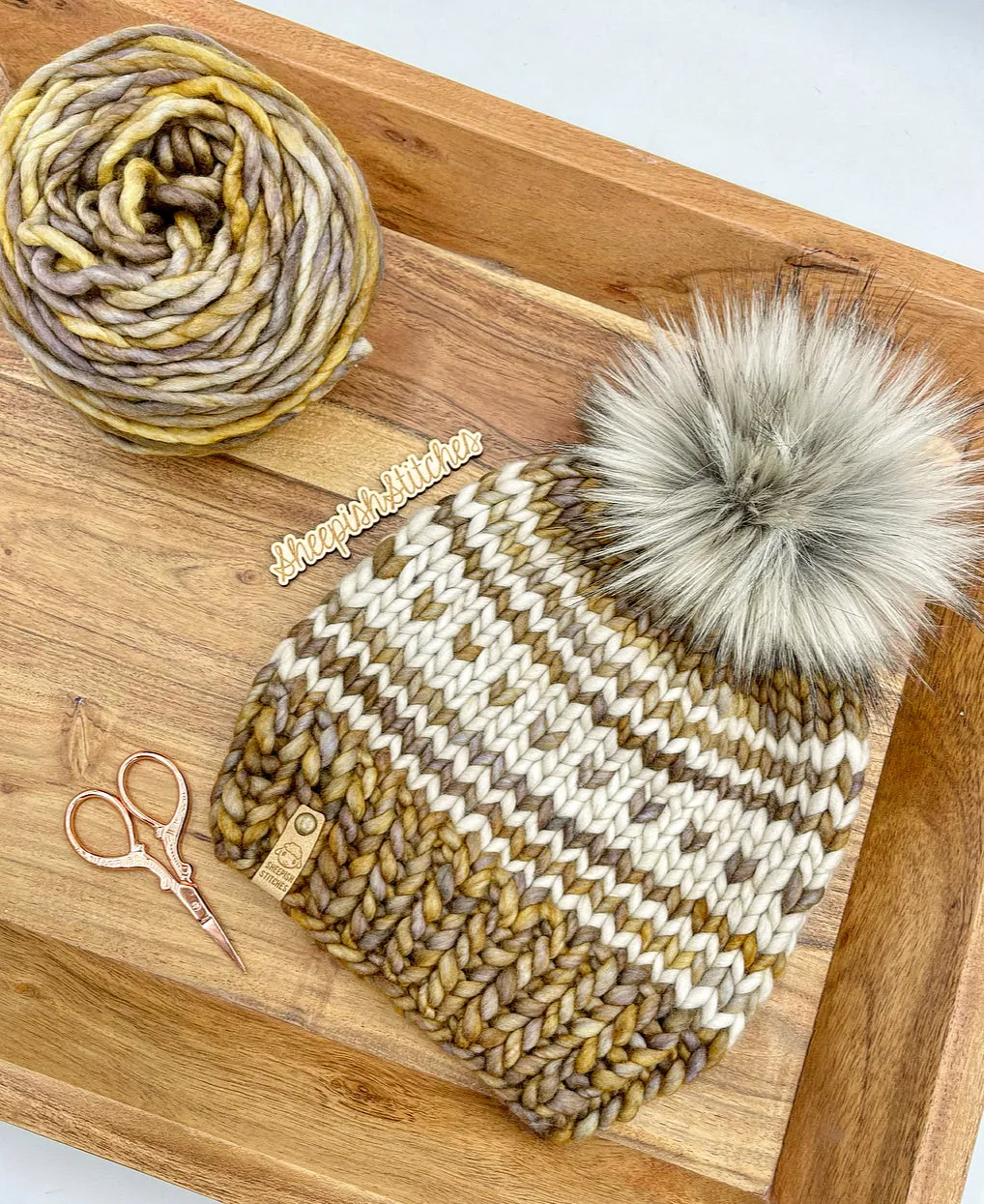 Brown/Bronze Mix with Gray Accent- Merino Wool Knit Hat with Faux Fur Pom Pom, Hand Knit Luxury Beanie, Ethically Sourced Merino Wool Toque