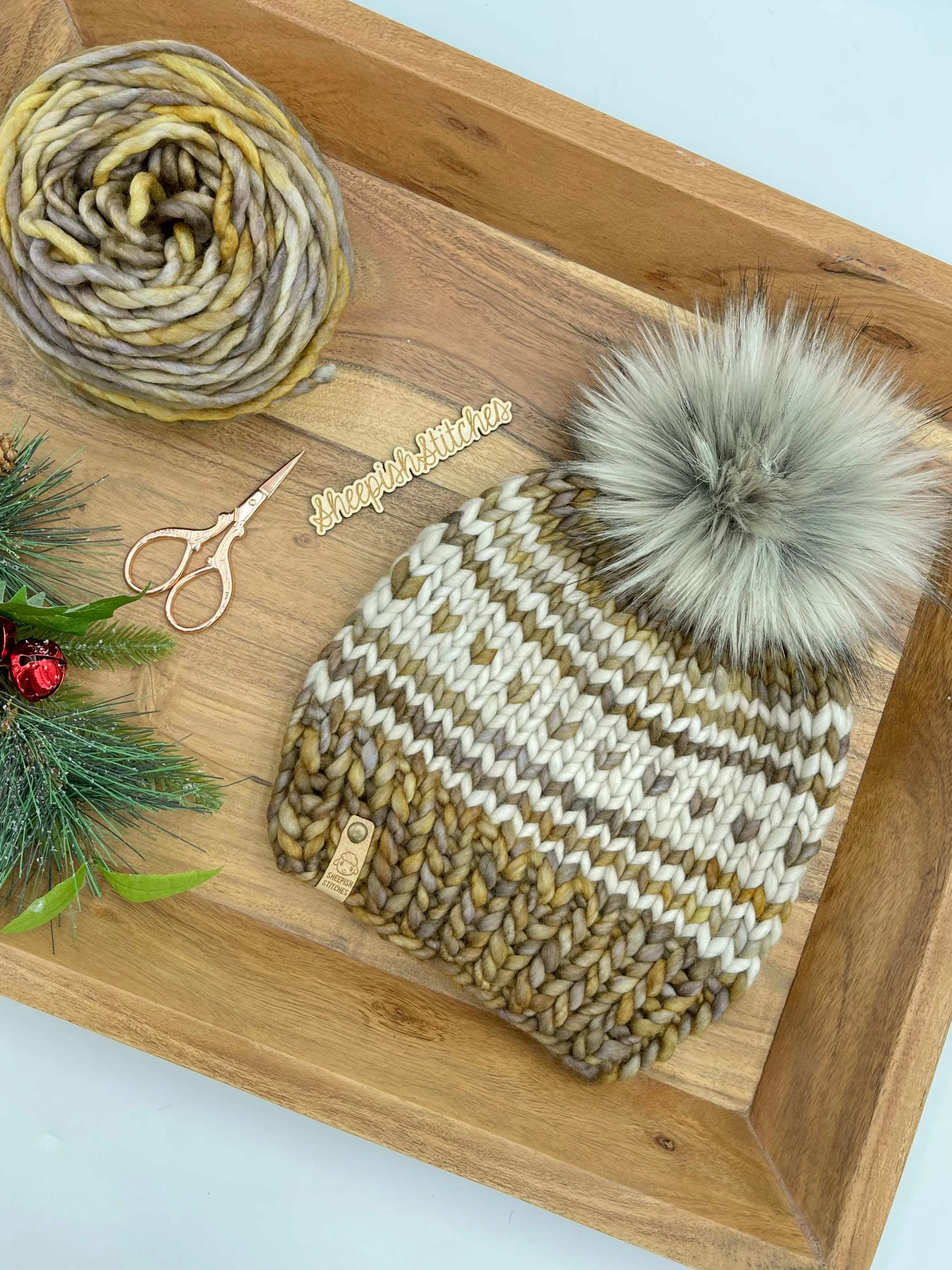 Brown/Bronze Mix with Gray Accent- Merino Wool Knit Hat with Faux Fur Pom Pom, Hand Knit Luxury Beanie, Ethically Sourced Merino Wool Toque