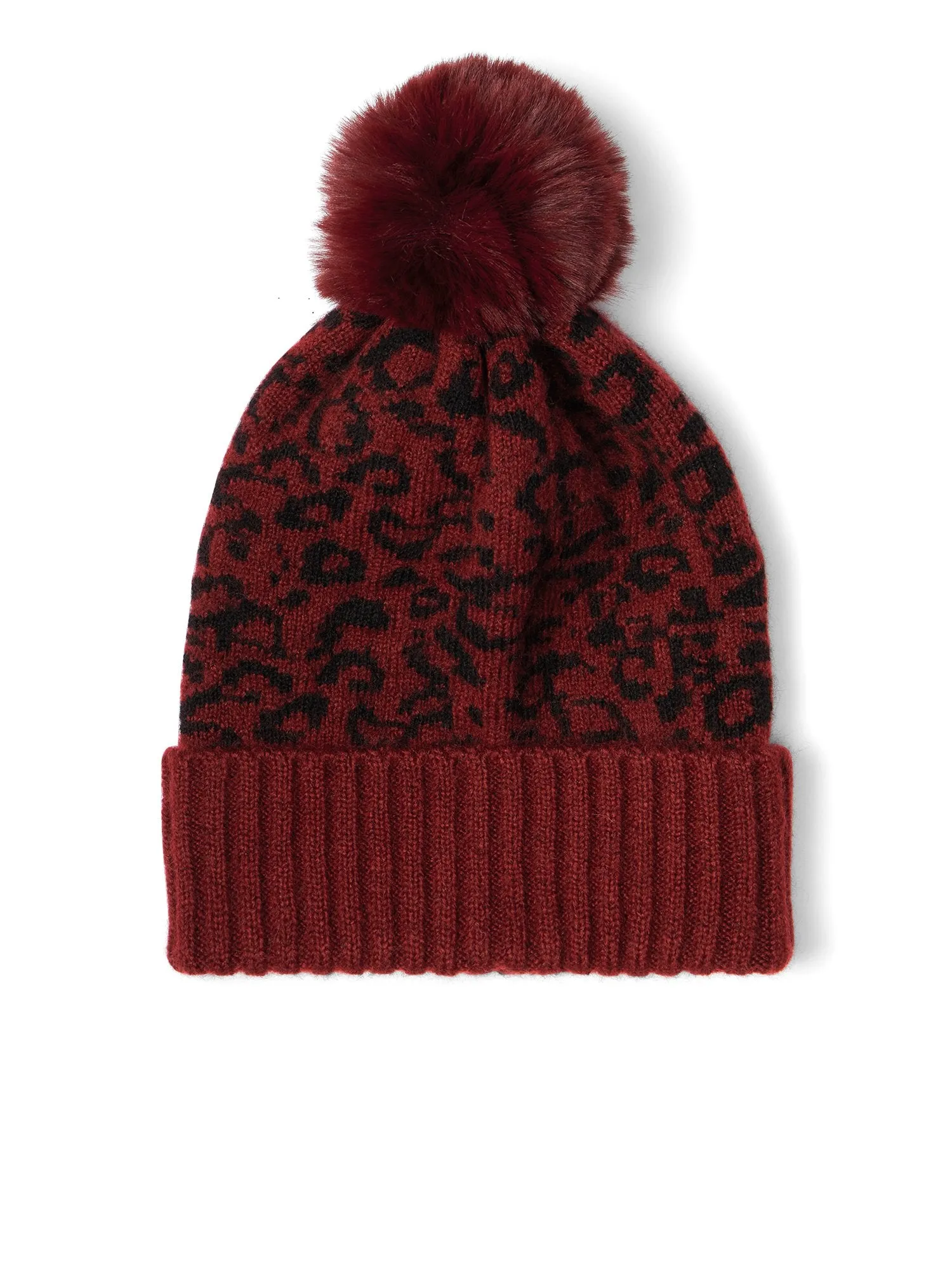 Burgundy Leopard-Print Pom-Pom Knit Hat