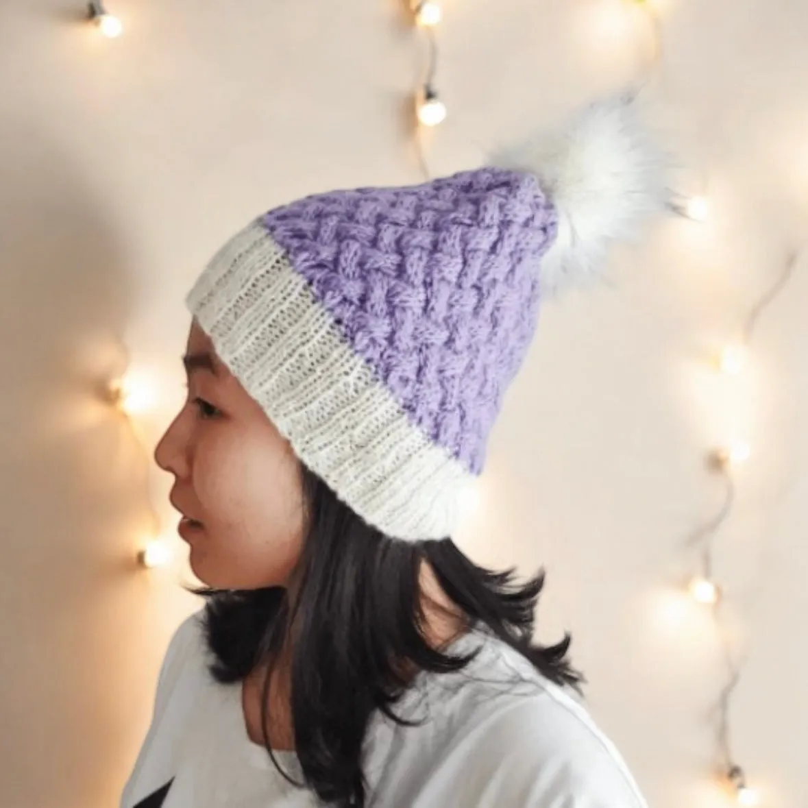 Cable beanie with Fur Pom Pom in Light Purple | Lilac - Knit Cable beanie - Knit winter Hat - Pom Pom knit hat - beanie