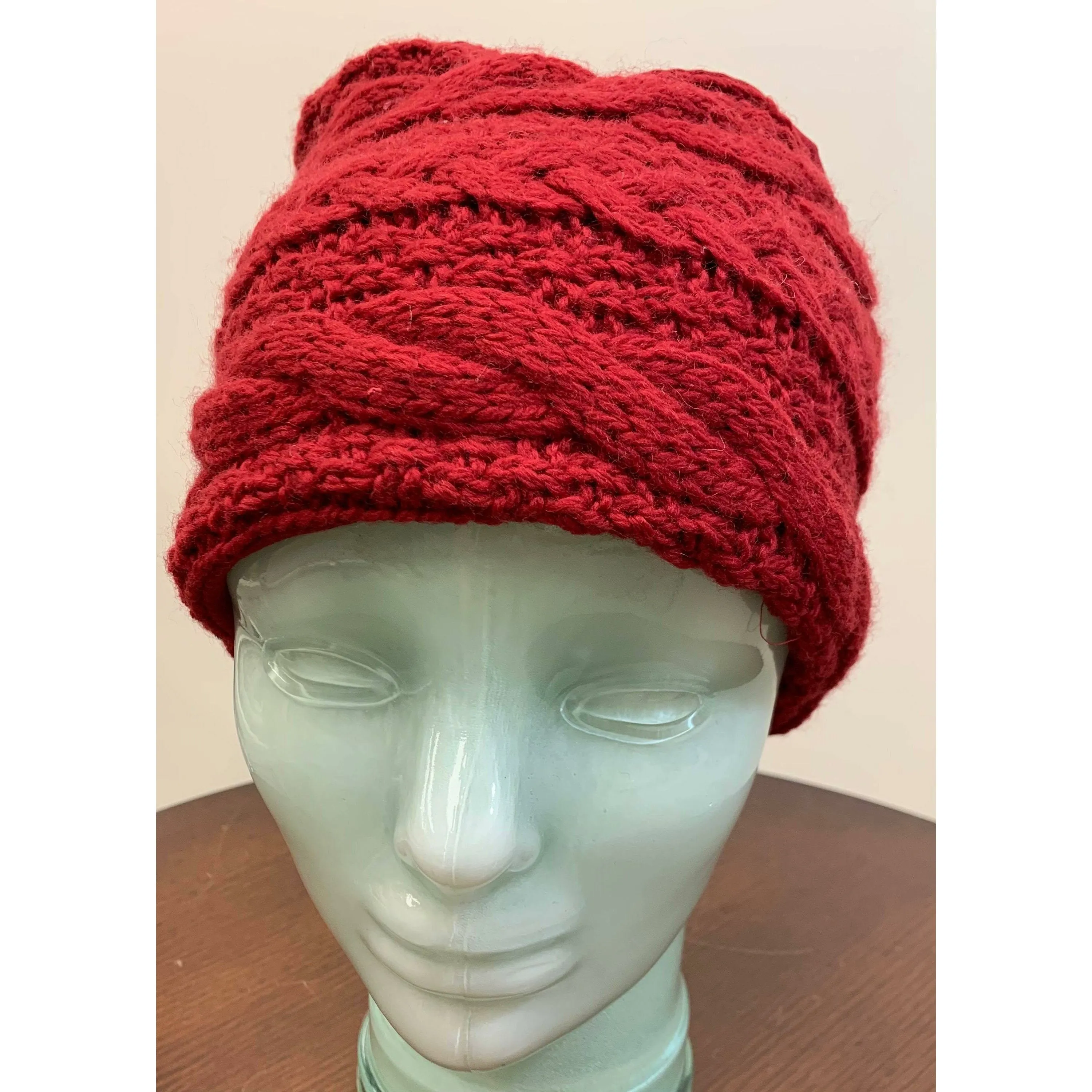 Cable hand knit Red soft Head band hat adornment. Super wide. Lined in organic cotton.