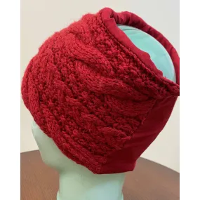 Cable hand knit Red soft Head band hat adornment. Super wide. Lined in organic cotton.