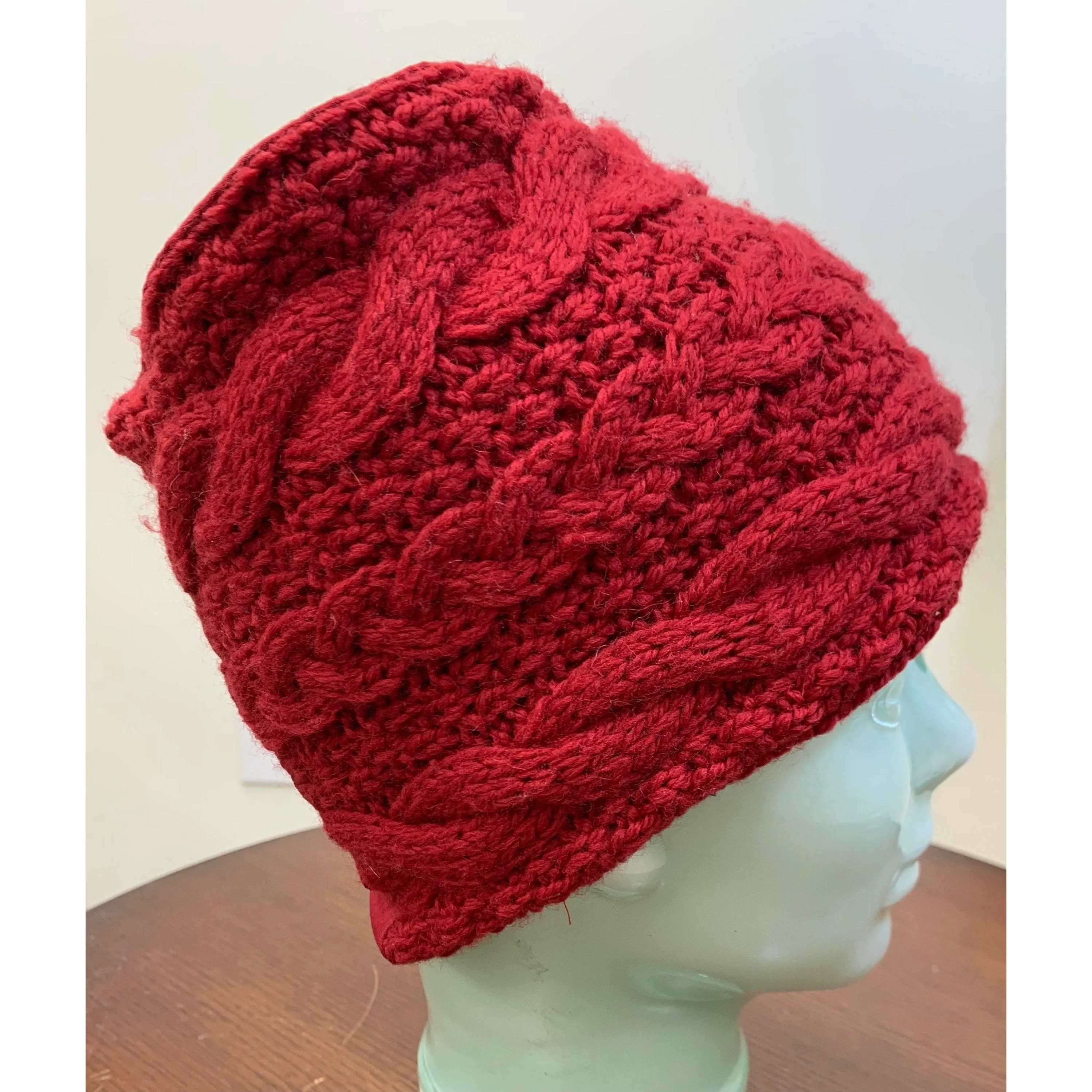 Cable hand knit Red soft Head band hat adornment. Super wide. Lined in organic cotton.