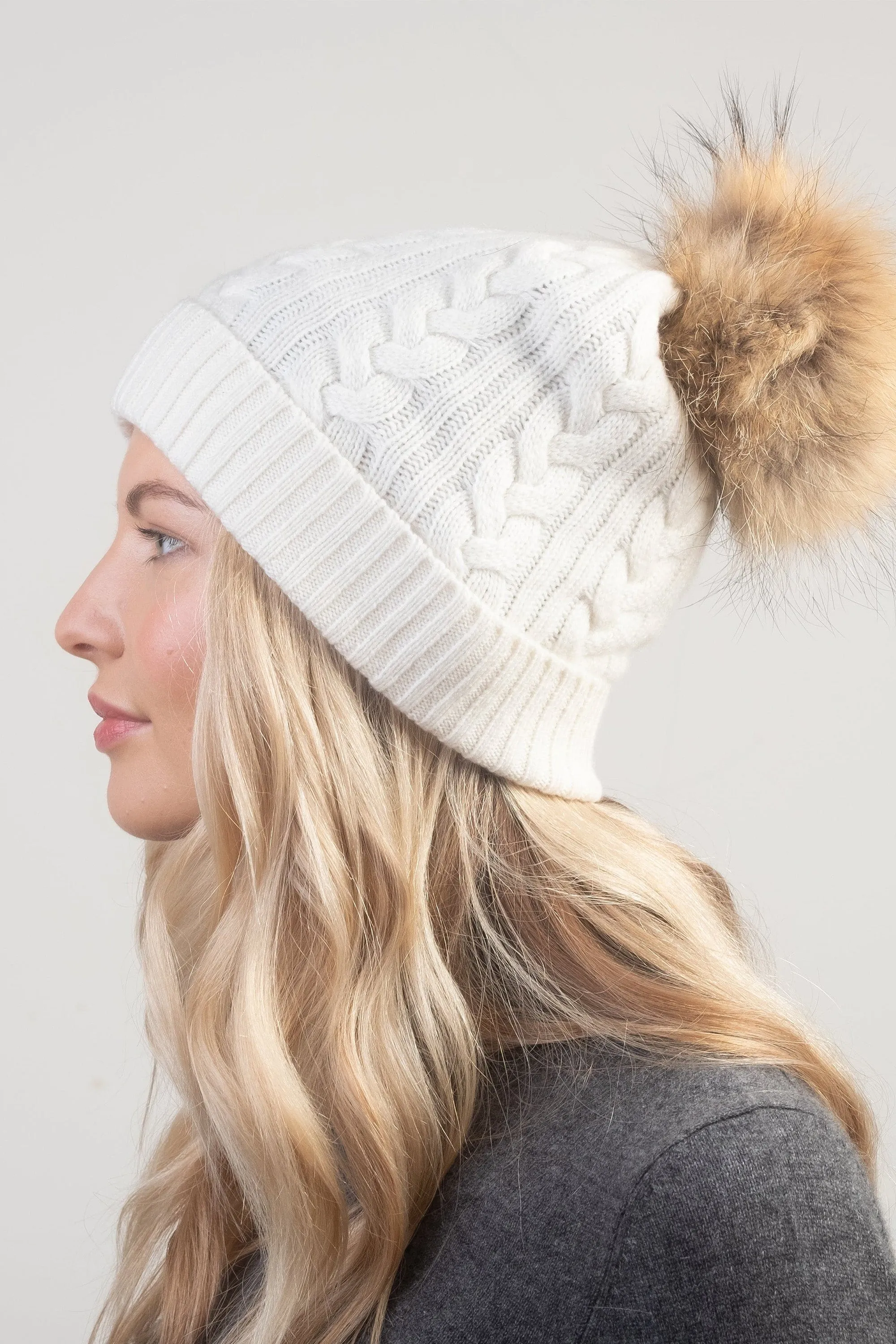 Cable Knit Pom Pom Hat - Soft White