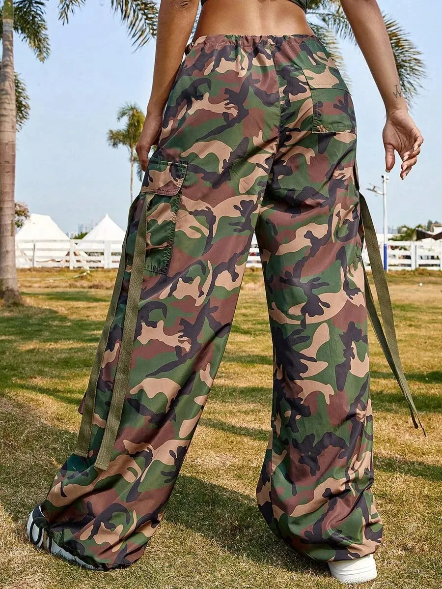 Camo Print Drawstring Waist Cargo Parachute Pants