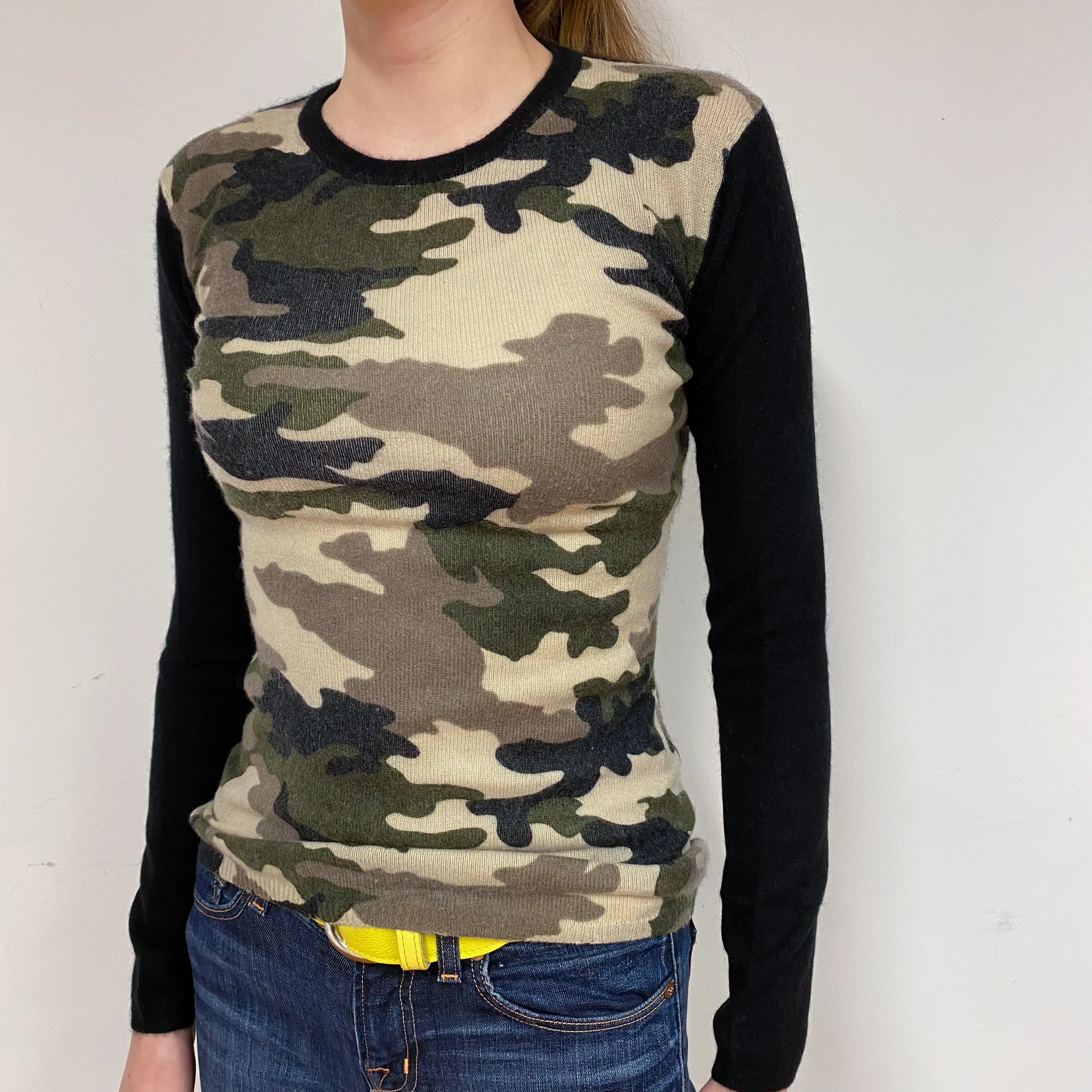 Camouflage Pattern Cashmere Crew Neck Jumper Extra Small