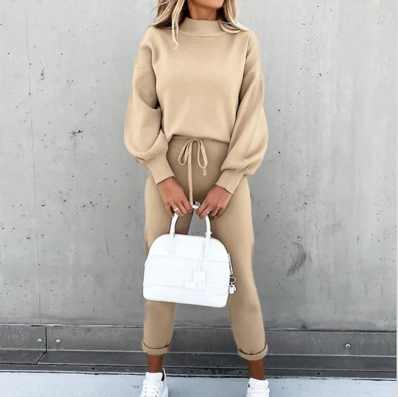 Casual Solid Color High Collar Pencil Pants Suits