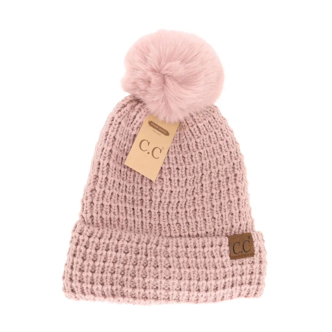 C.C Beanie - Waffle Knit Beanie with Faux Fur Pom