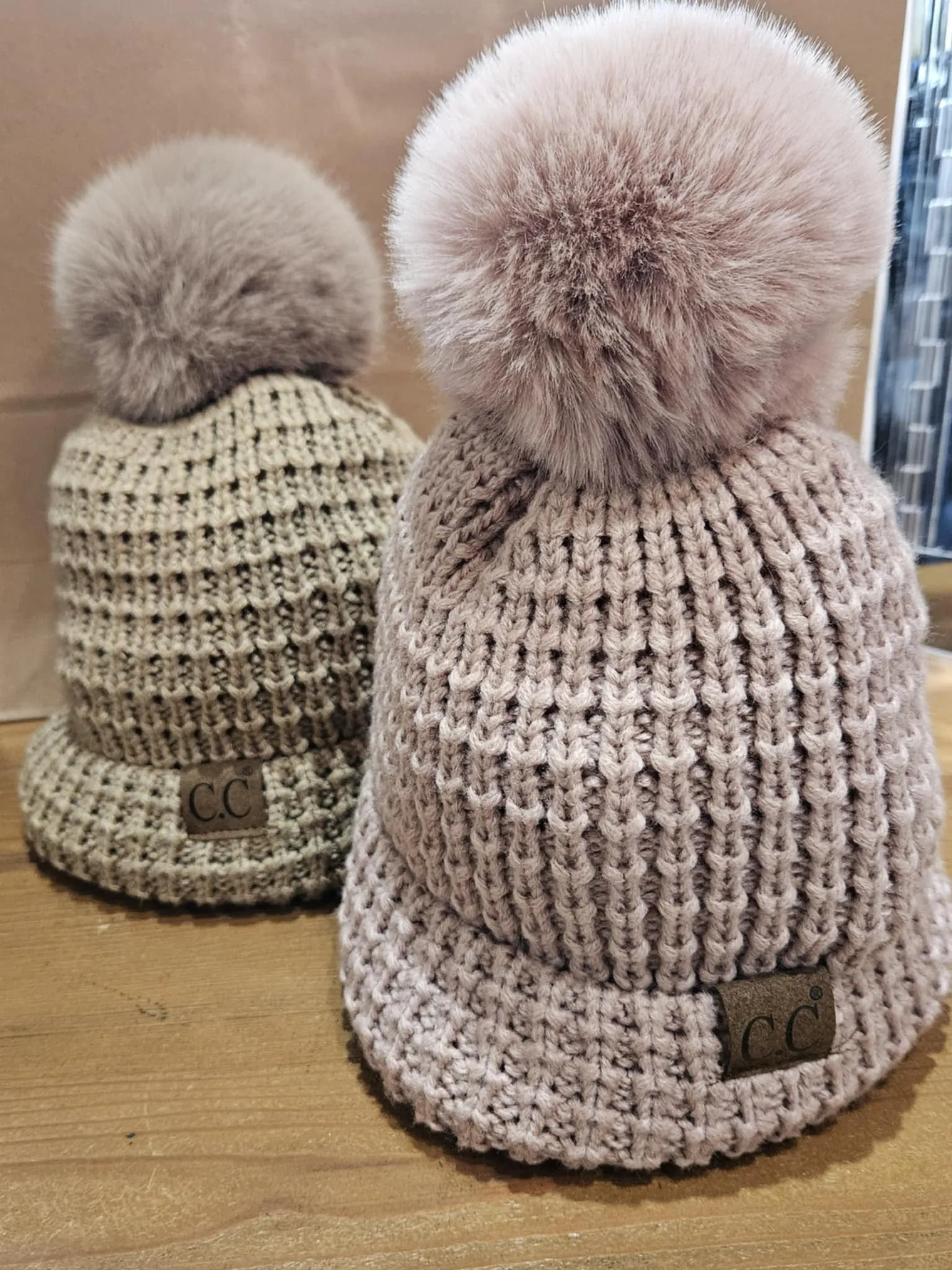 C.C Beanie - Waffle Knit Beanie with Faux Fur Pom