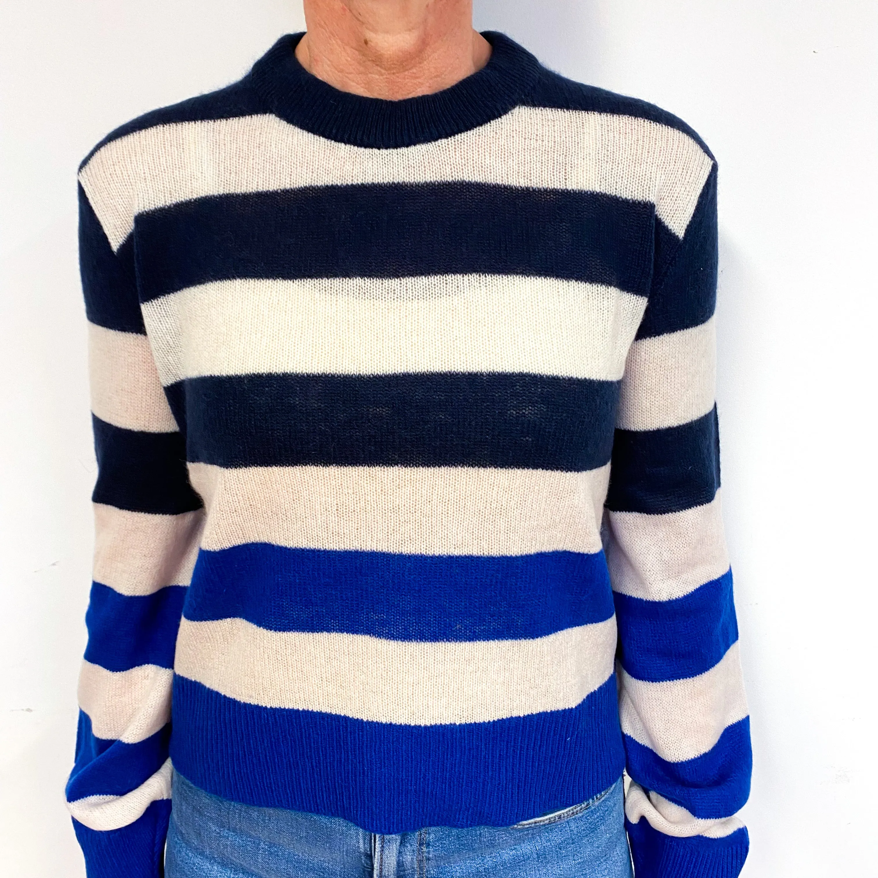 Cobalt Blue, Navy And Warm White Cashmere Crew Neck Jumper Medium