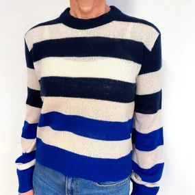 Cobalt Blue, Navy And Warm White Cashmere Crew Neck Jumper Medium