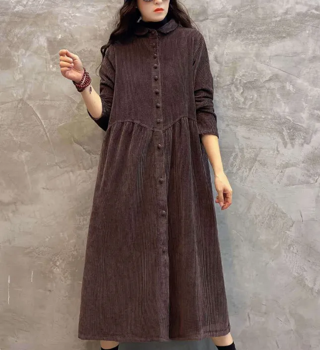 Corduroy Buttons Dresses Loose Winter Autumn Dresses Casual Women Dresses ZRL97213