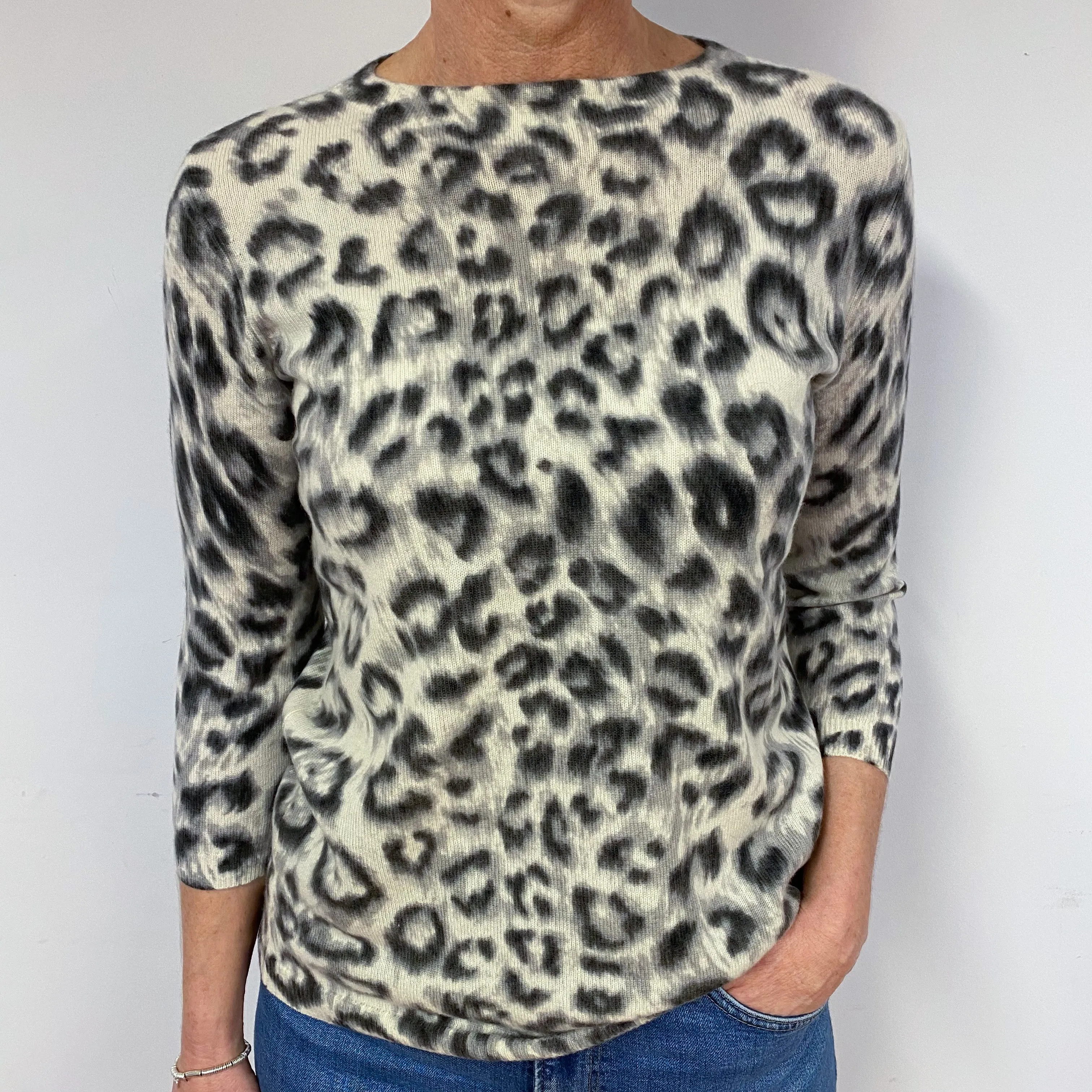 Cream and Grey Animal Print Cashmere Crew Neck Jumper Medium