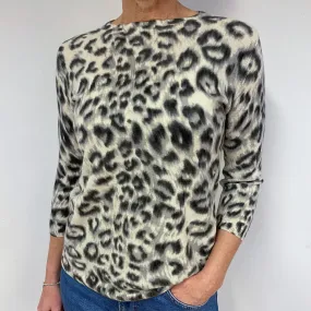 Cream and Grey Animal Print Cashmere Crew Neck Jumper Medium