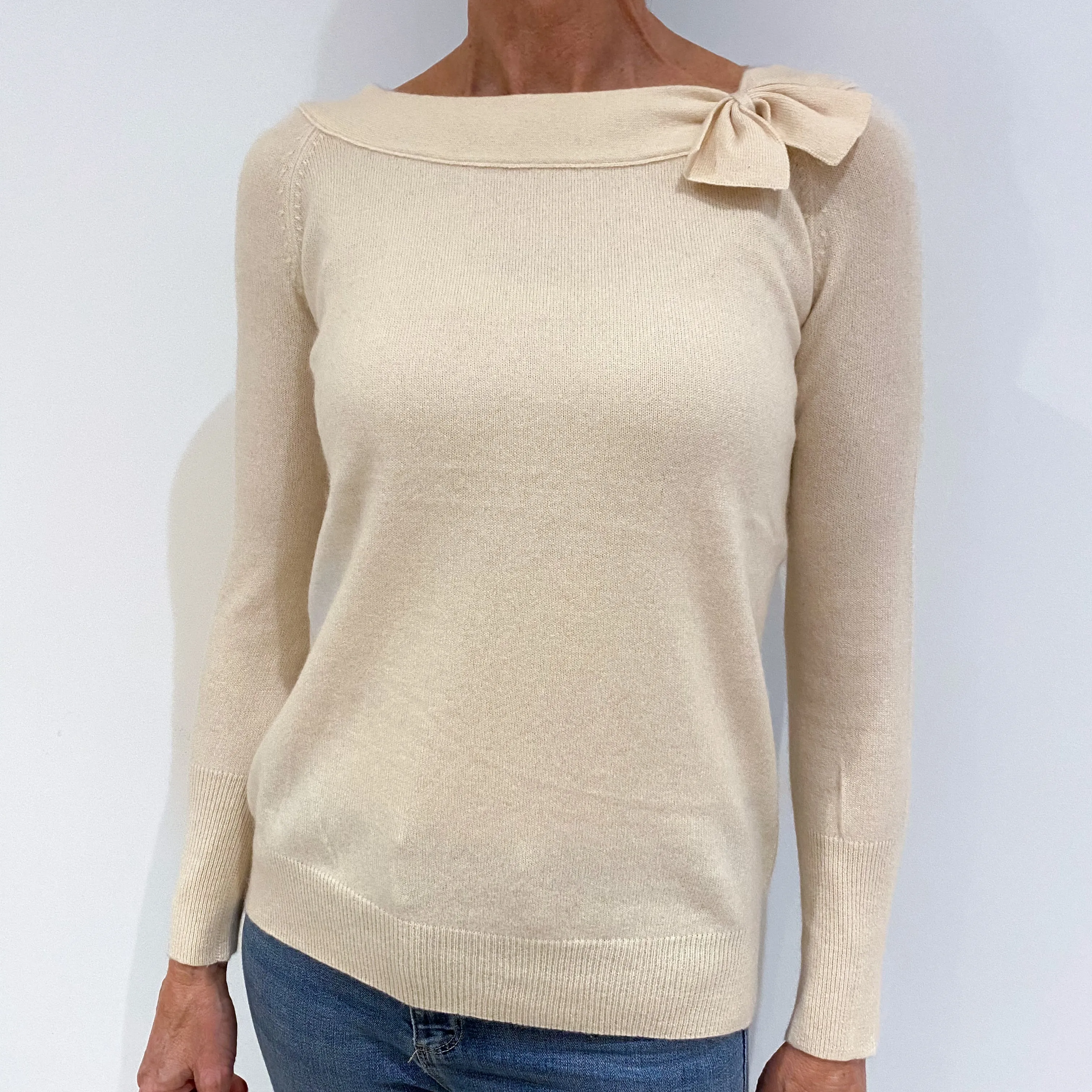 Cream Cashmere Boat Neck Jumper with Bow Small