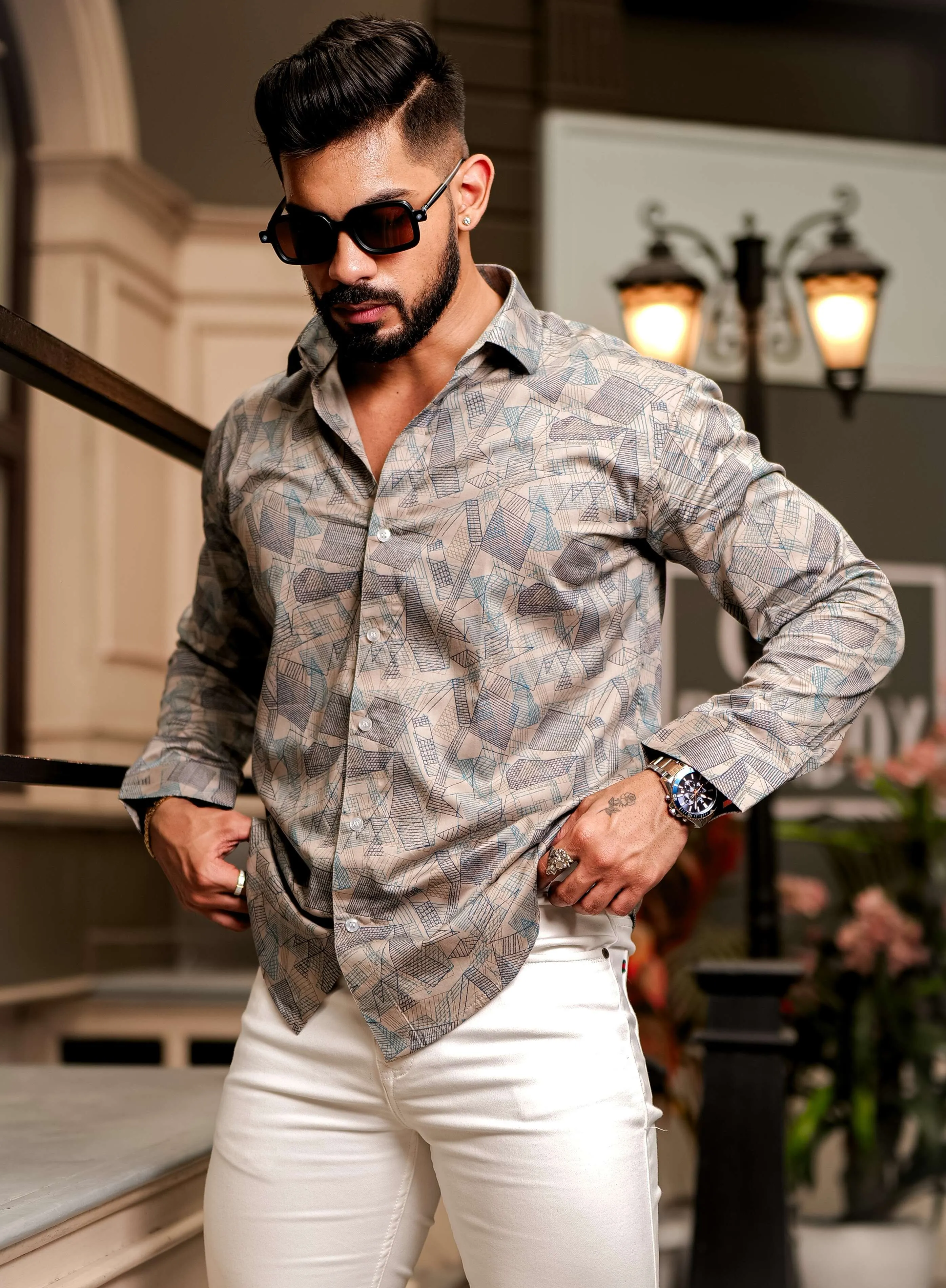 Cream Satin Print Premium Shirt