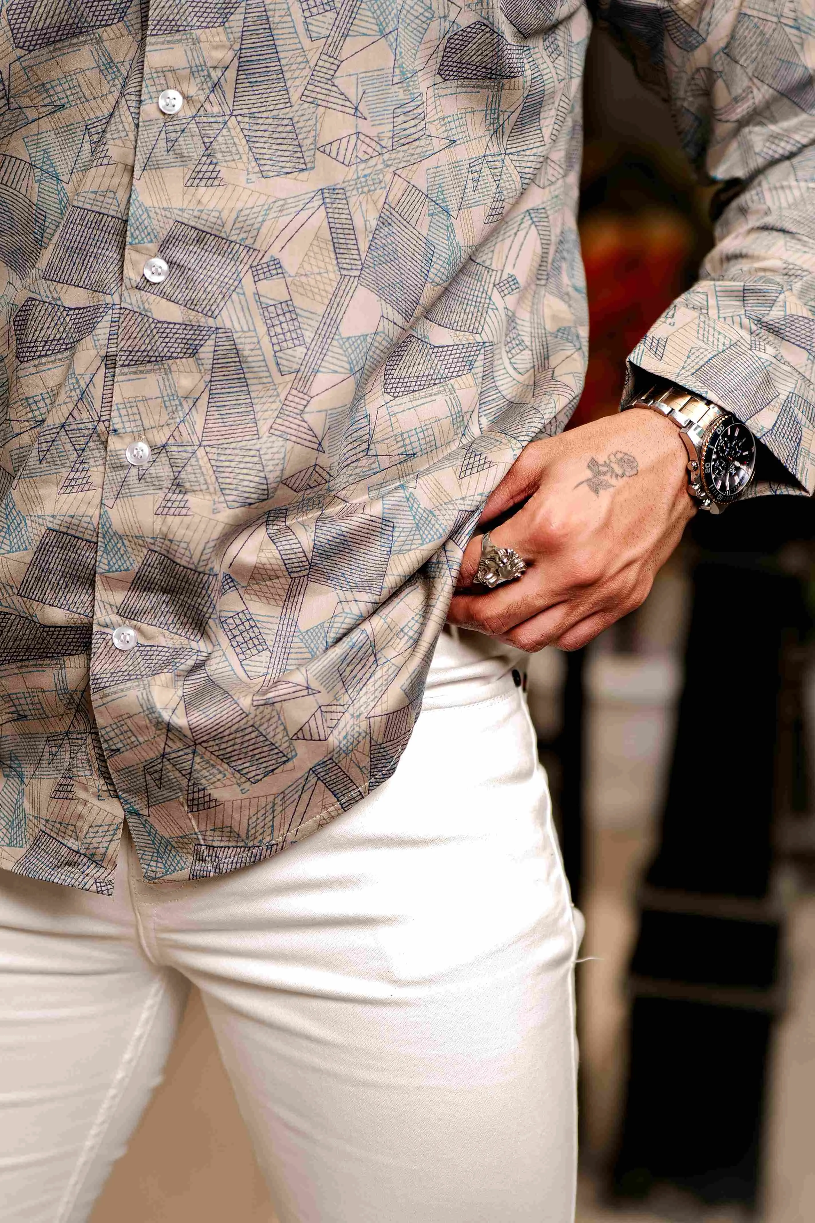 Cream Satin Print Premium Shirt