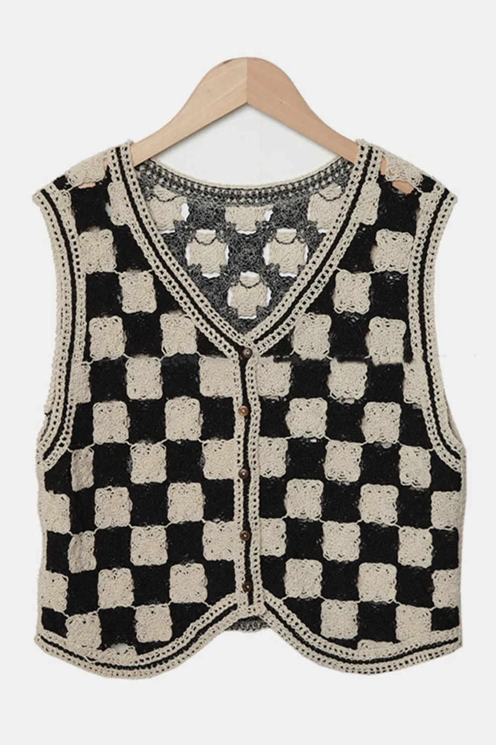 Crochet Checkered V-Neck Button Up Vest | Winter Fashion | Checkered Print