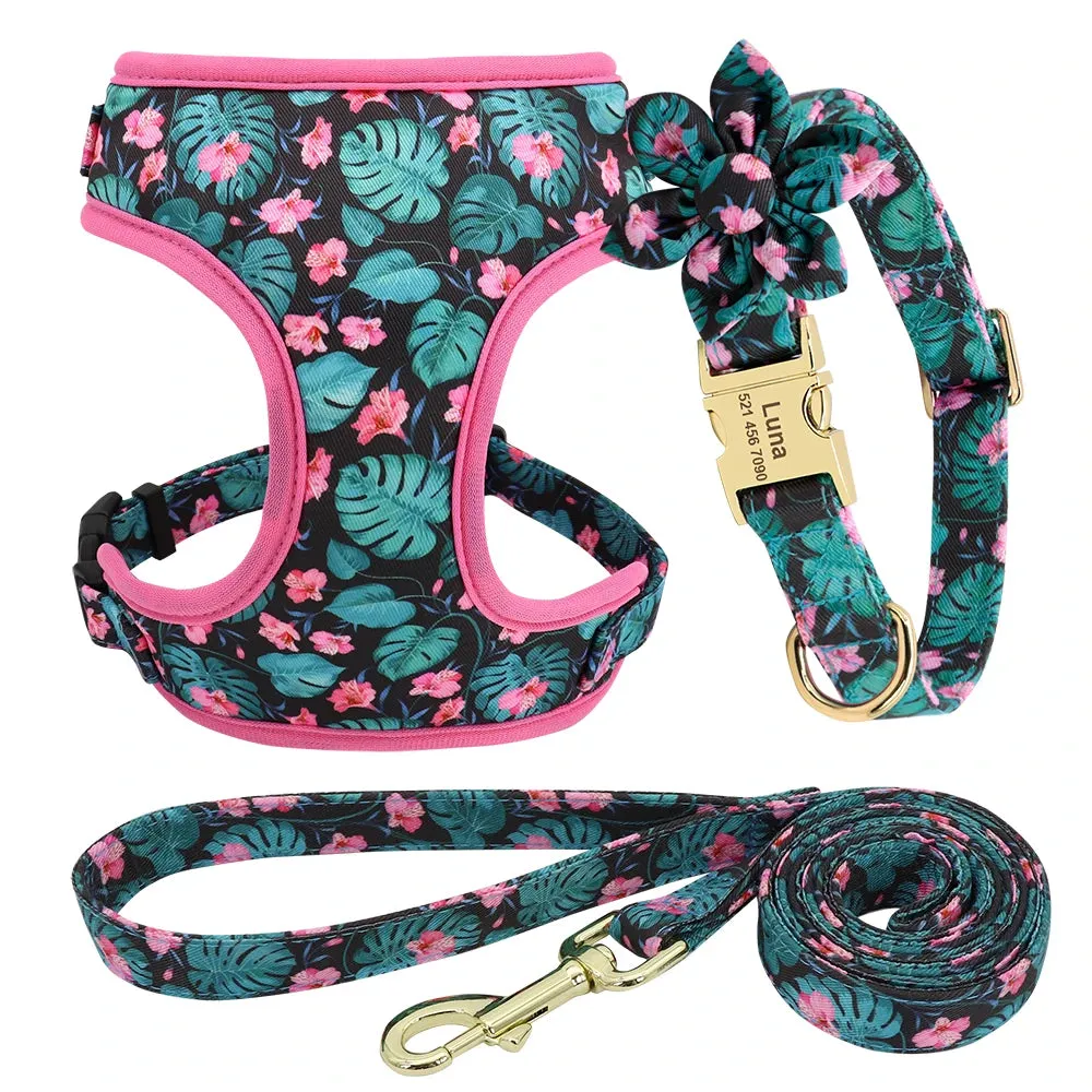 Cute Flower Print Dog Collars & Leash Sets-Personalized Nylon Harness and Leash Set with Custom ID Collars for Small Pets