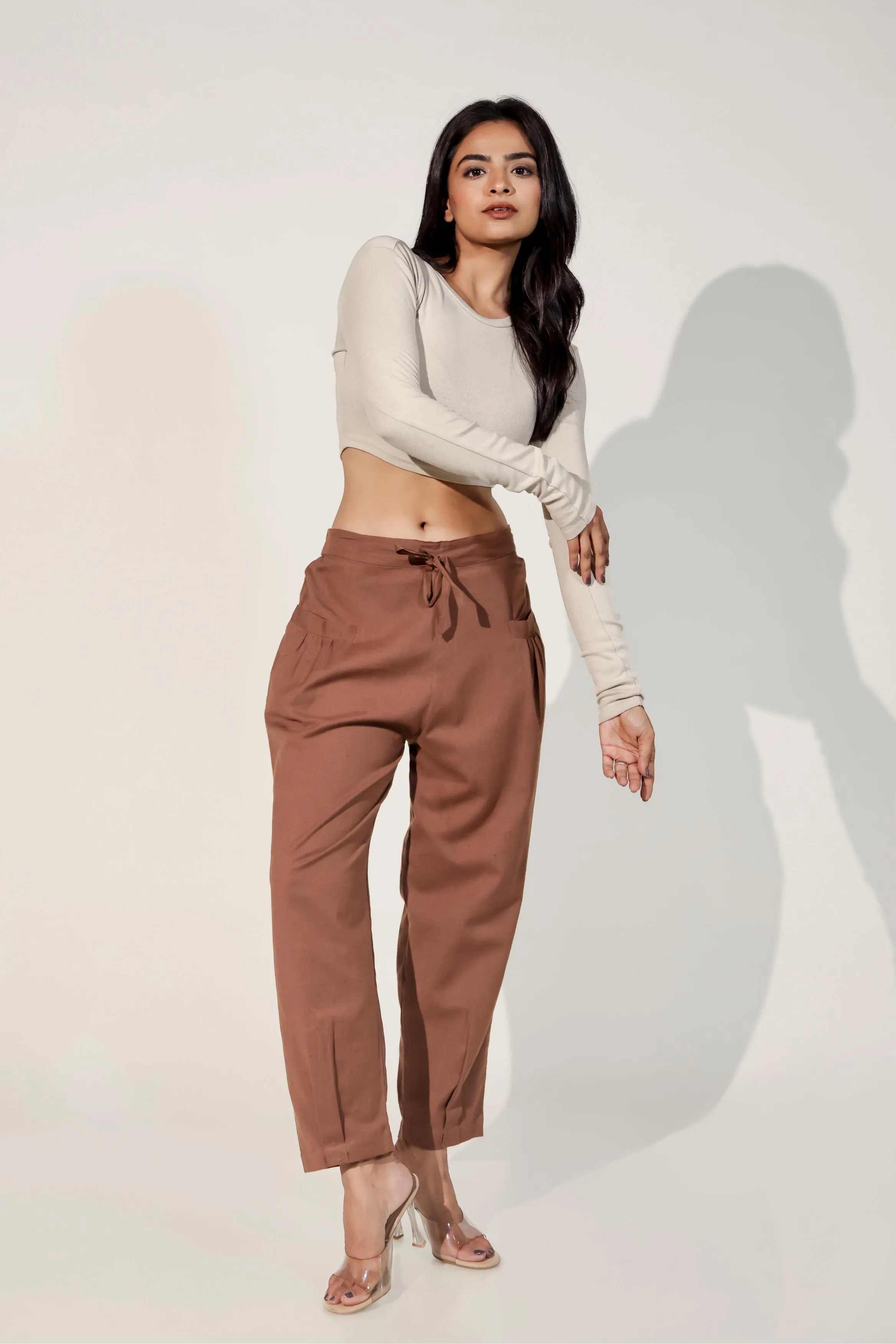 Dark Brown Women's Pleated-Narrow Trousers