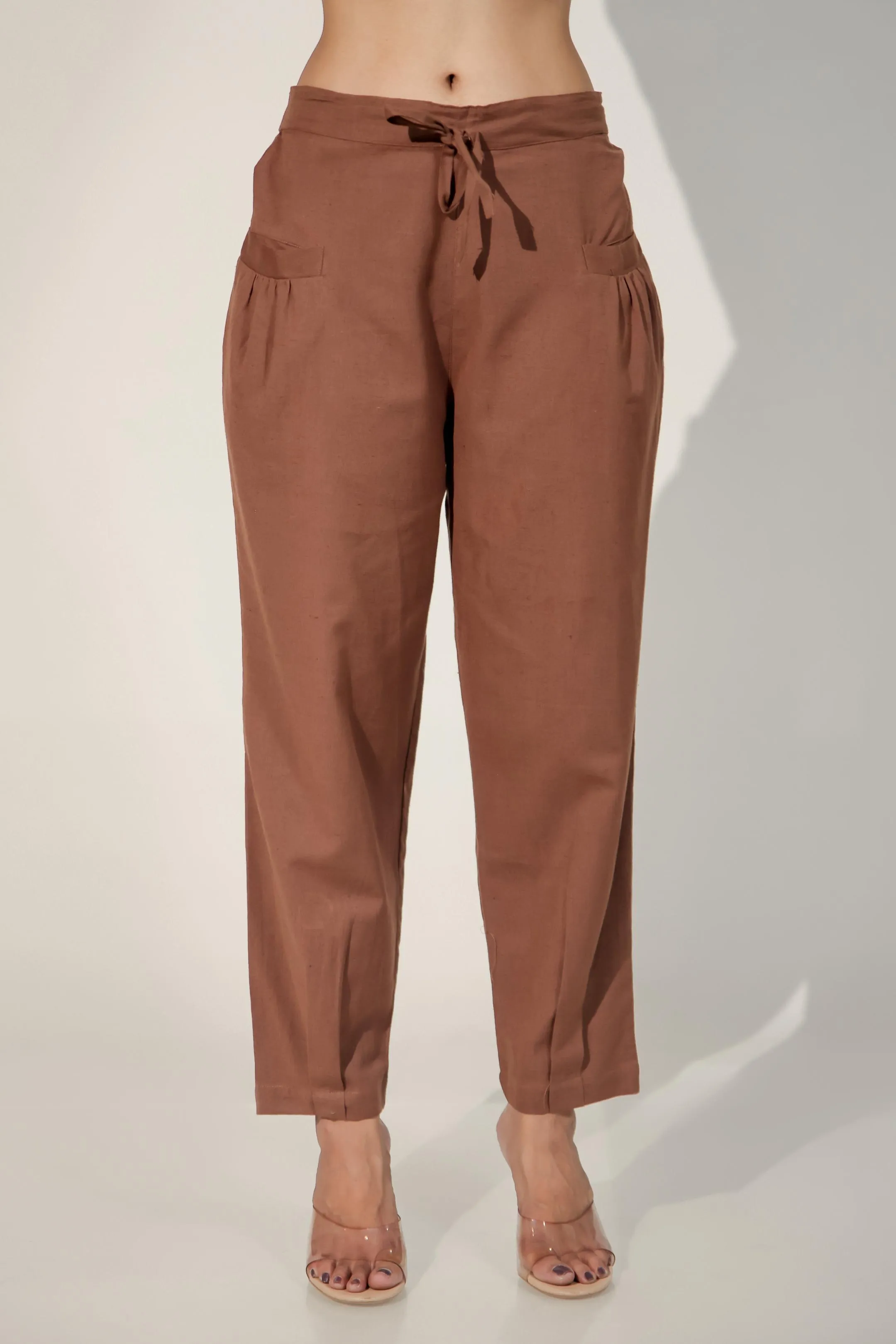 Dark Brown Women's Pleated-Narrow Trousers