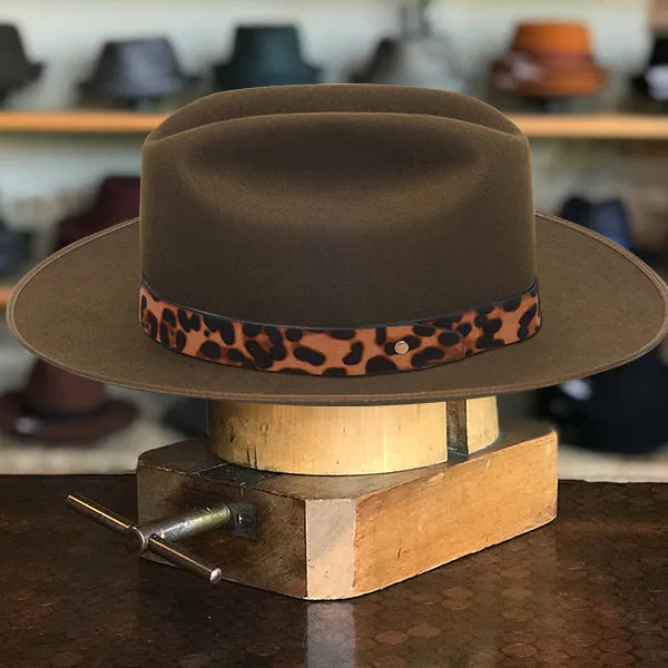 Dark Green Classic Felt Fedora with Chic Leopard Print Ribbon