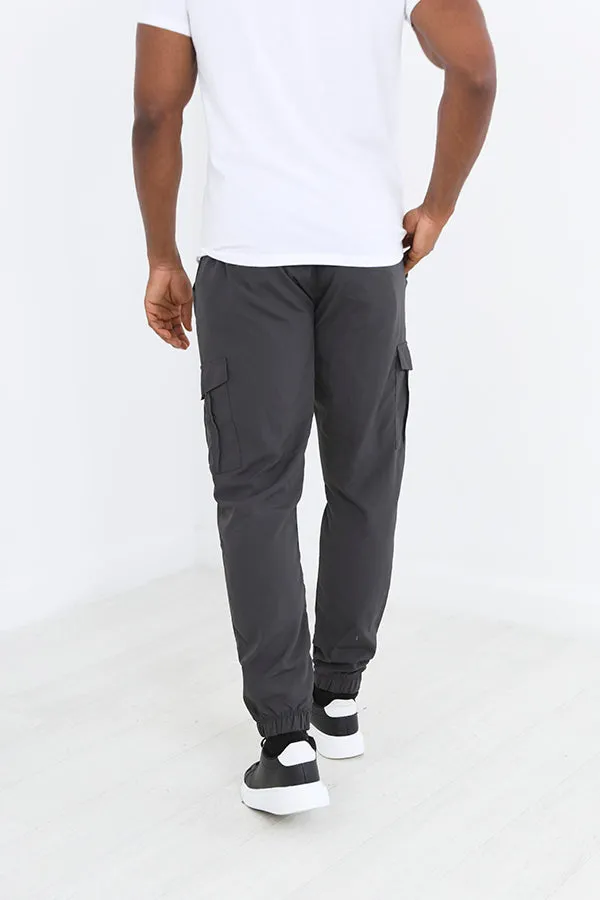 DARK GREY CUFFED HEM TASLAN CARGO TROUSERS