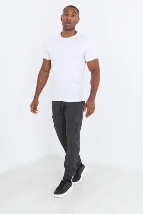 DARK GREY CUFFED HEM TASLAN CARGO TROUSERS