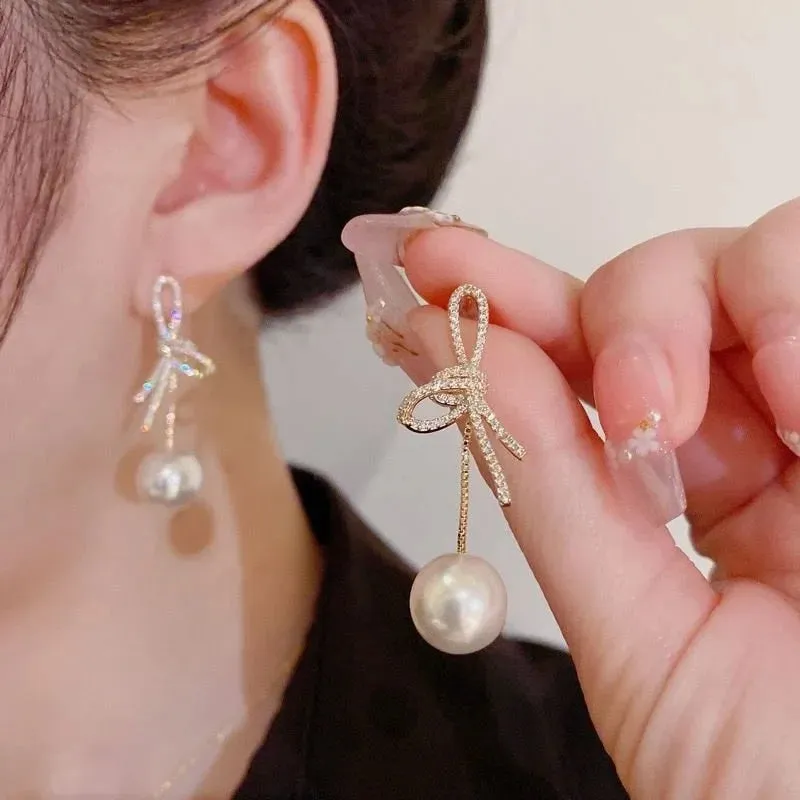 Delicate Versatile Bowknot Long Tassels Sweet Pearl Fashion New Earring