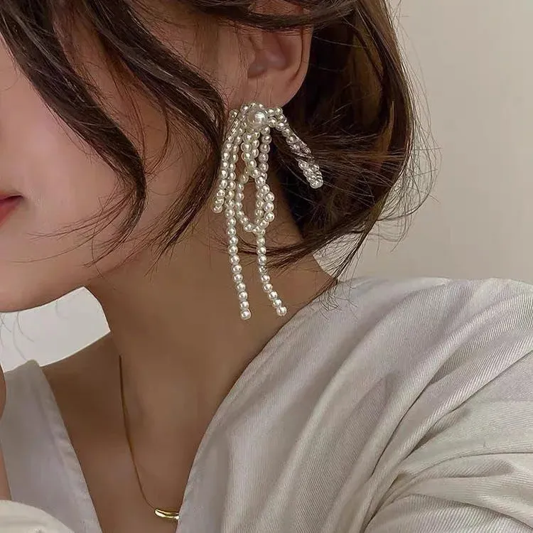 Delicate Versatile Bowknot Long Tassels Sweet Pearl Fashion New Earring