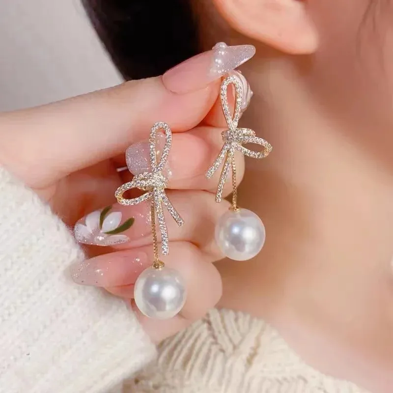 Delicate Versatile Bowknot Long Tassels Sweet Pearl Fashion New Earring