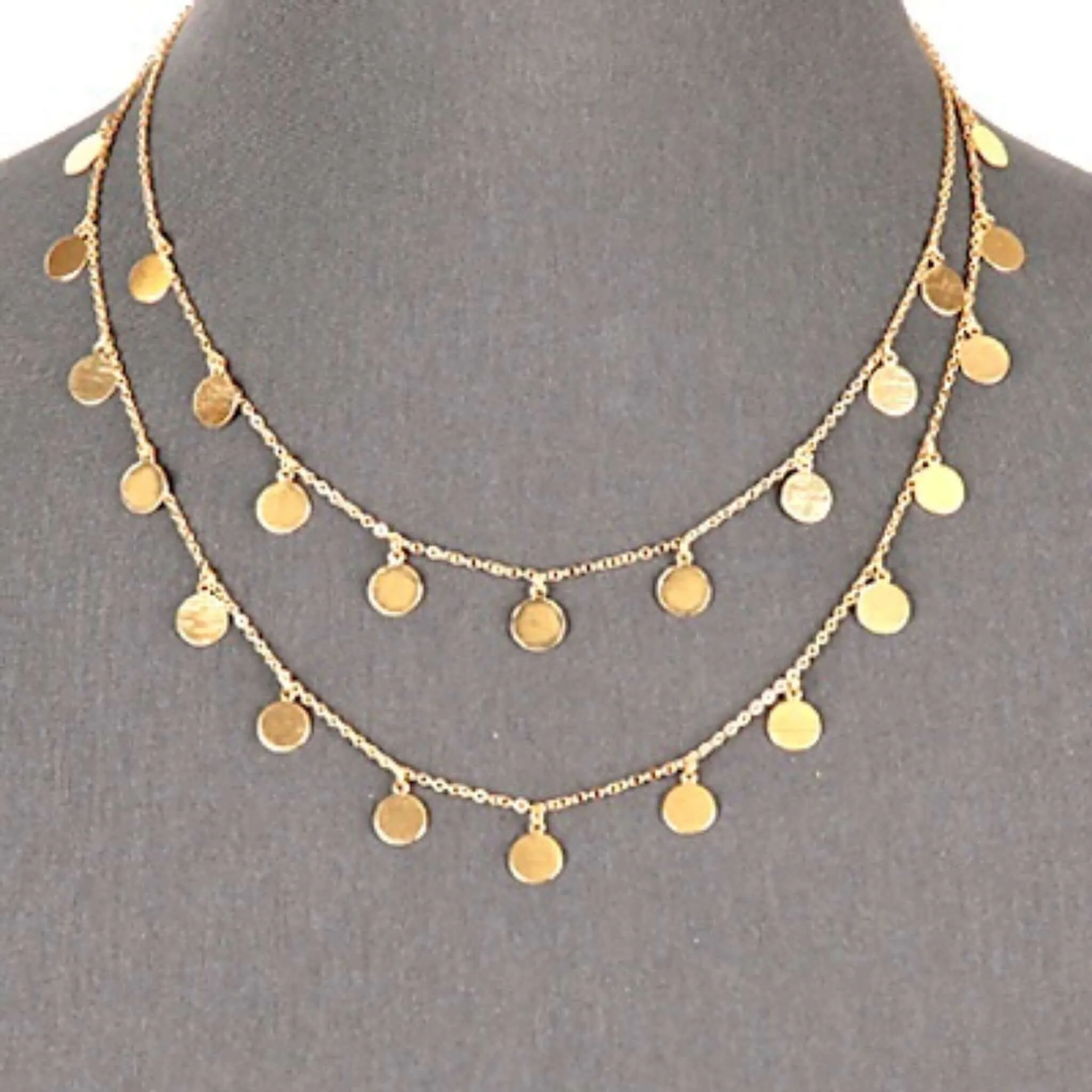 Double Chain Gold Disc Layered Necklace