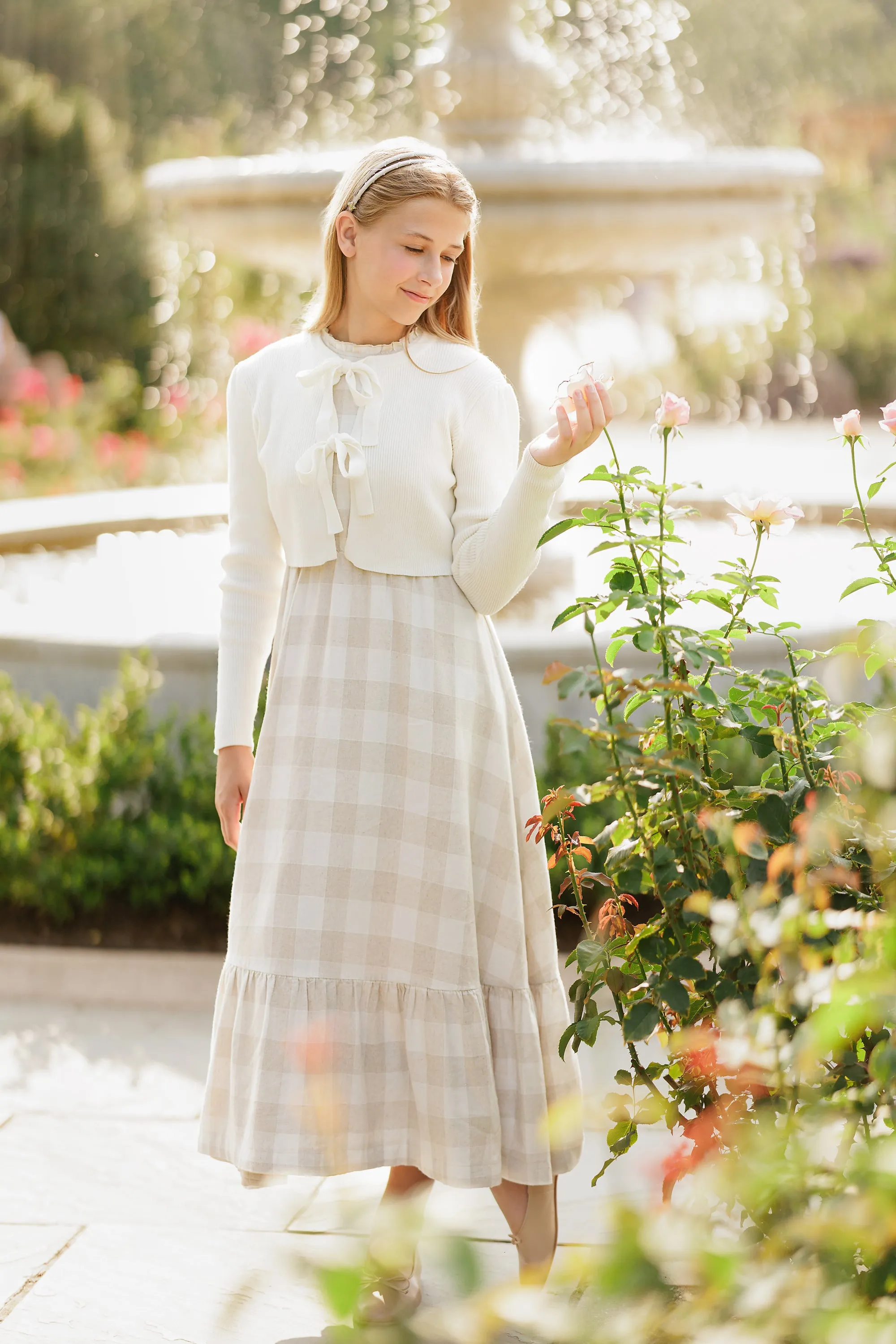 dress plaid jumper with tie cardigan - ivory