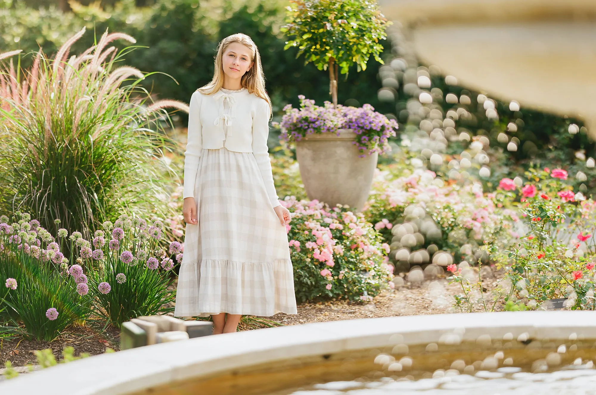 dress plaid jumper with tie cardigan - ivory