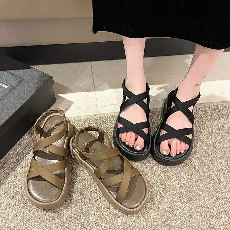 DUNNMALL  Korean Style Comfortable Flat Cross Strap Sandals  New Summer Versatile Beach Fashion Elastic Band Women's Sandals