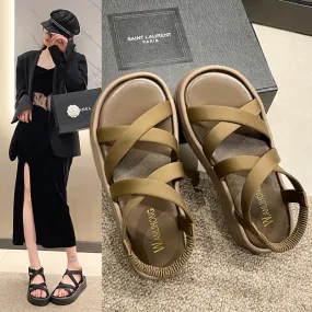 DUNNMALL  Korean Style Comfortable Flat Cross Strap Sandals  New Summer Versatile Beach Fashion Elastic Band Women's Sandals