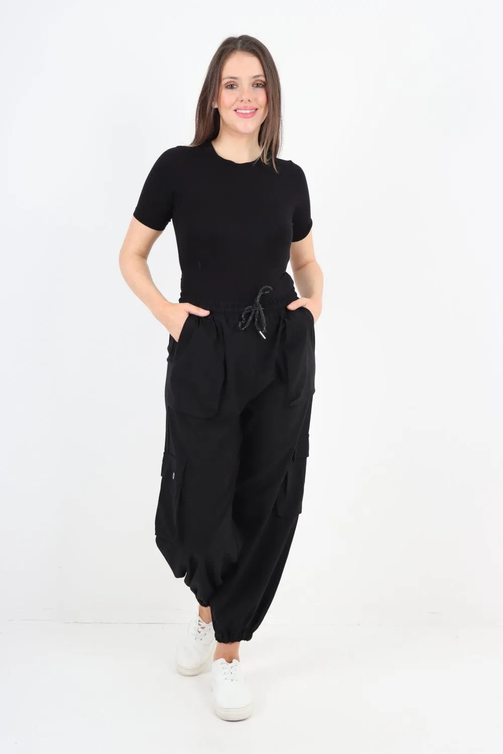 Elastic Waist  Drawstring Cargo Pockets Trouser