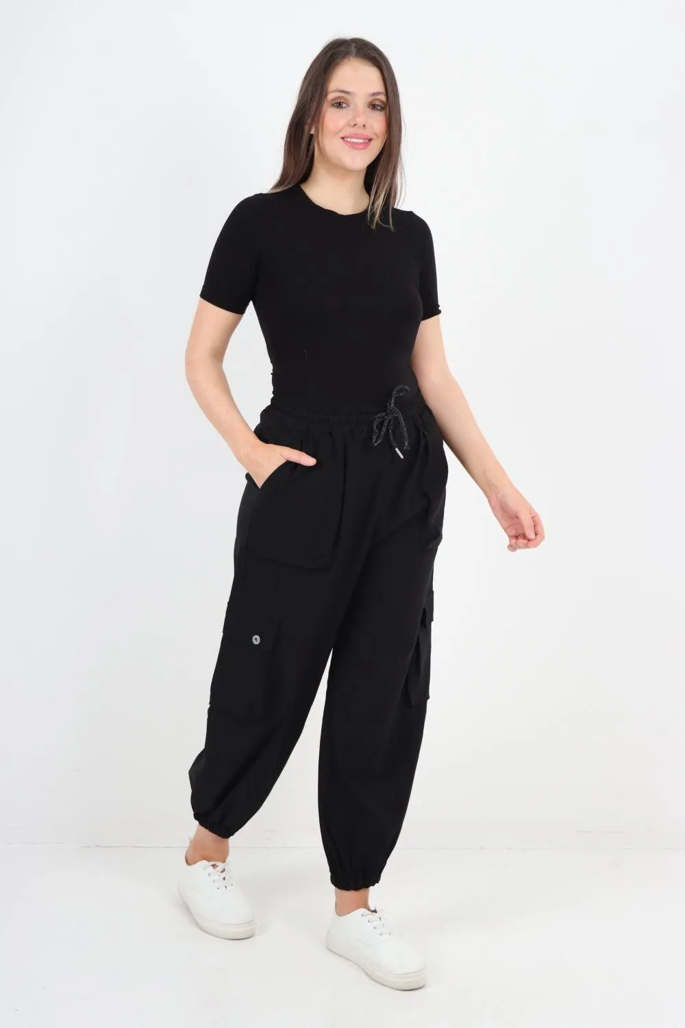 Elastic Waist  Drawstring Cargo Pockets Trouser