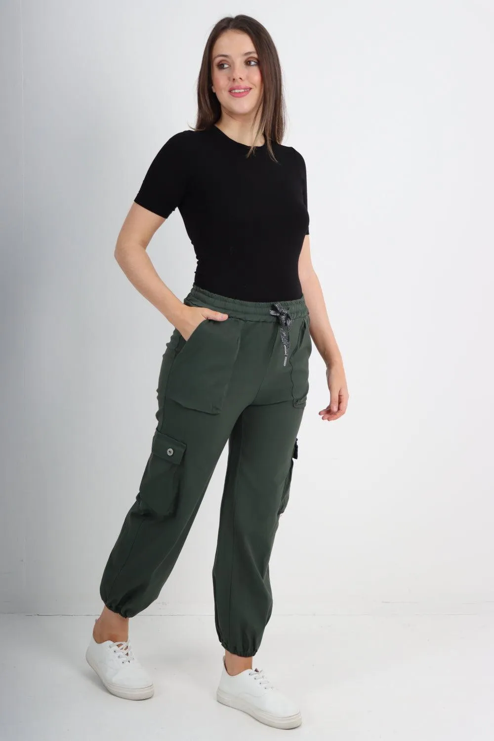 Elastic Waist  Drawstring Cargo Pockets Trouser