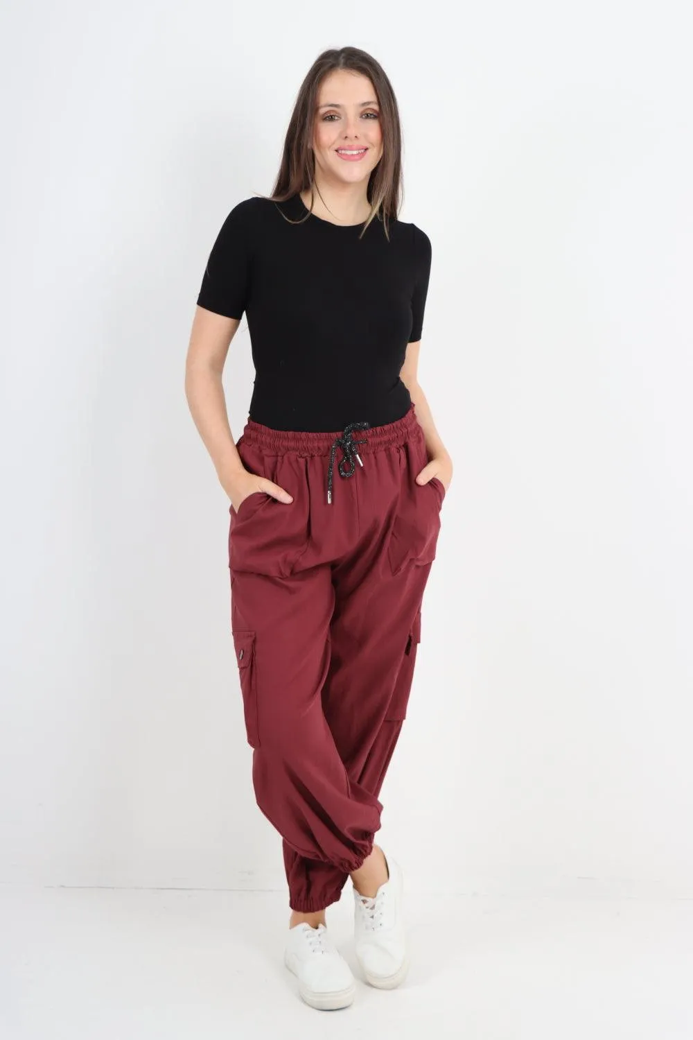 Elastic Waist  Drawstring Cargo Pockets Trouser