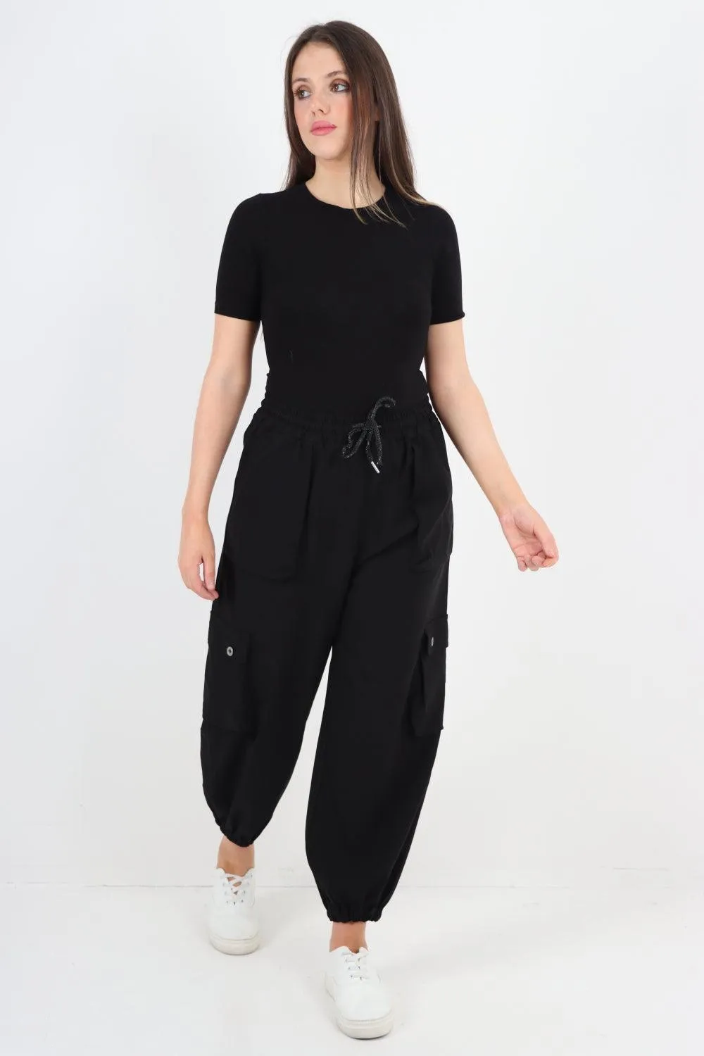 Elastic Waist  Drawstring Cargo Pockets Trouser