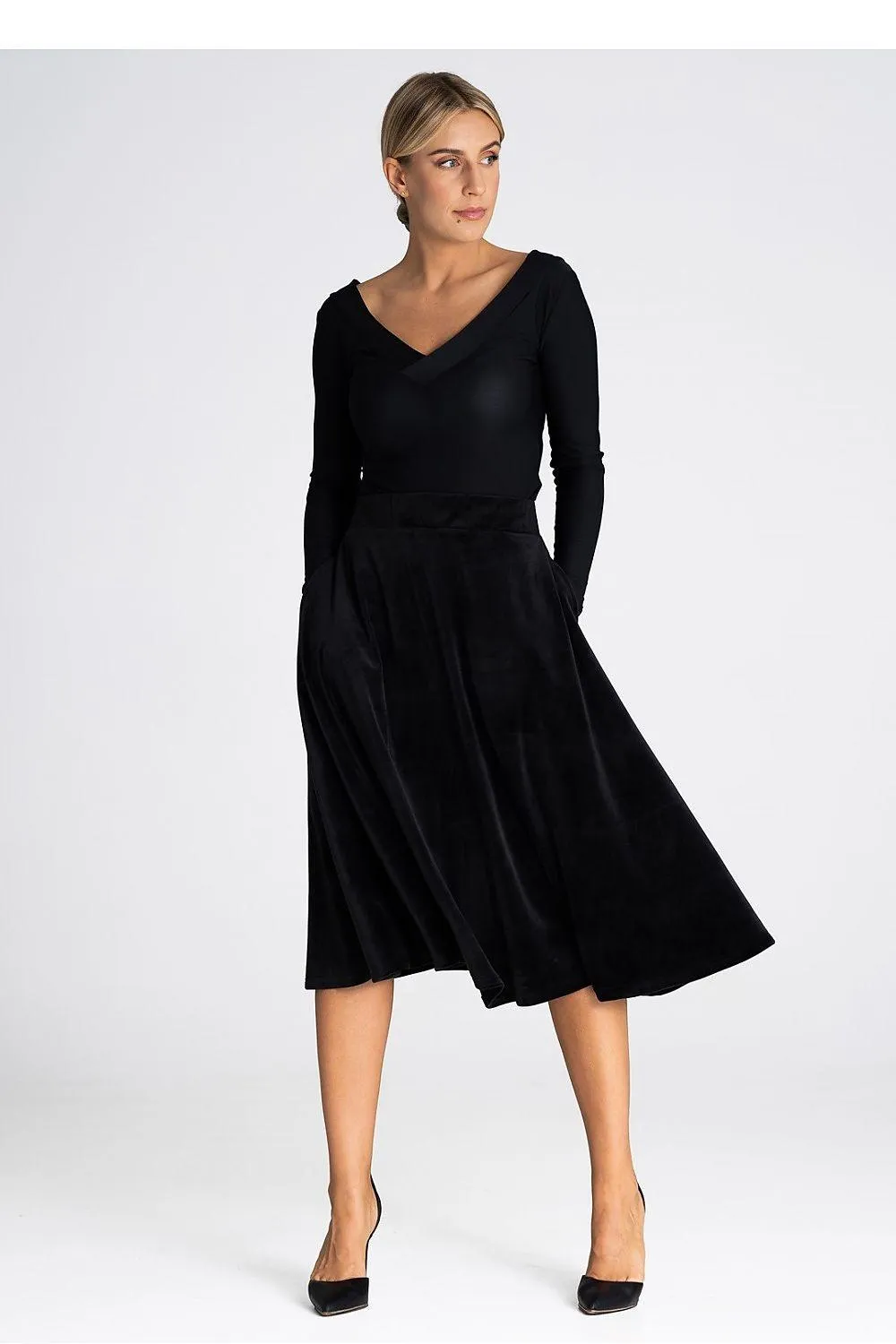 Elegant Flared Midi Skirt with Waist-Enhancing Design