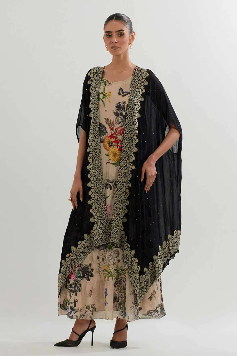 Embroidered Cape & Botanical Printed Dress Set