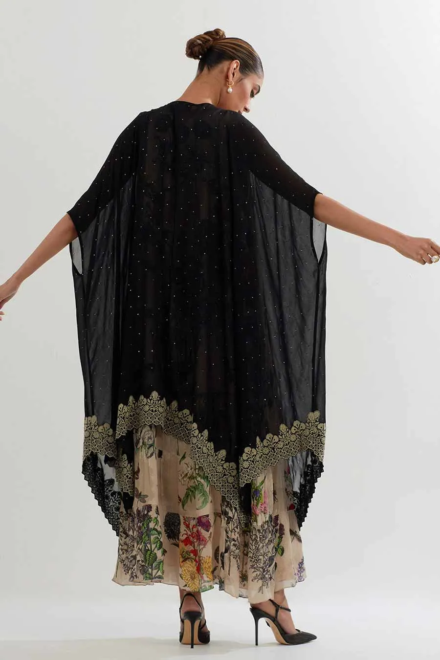 Embroidered Cape & Botanical Printed Dress Set