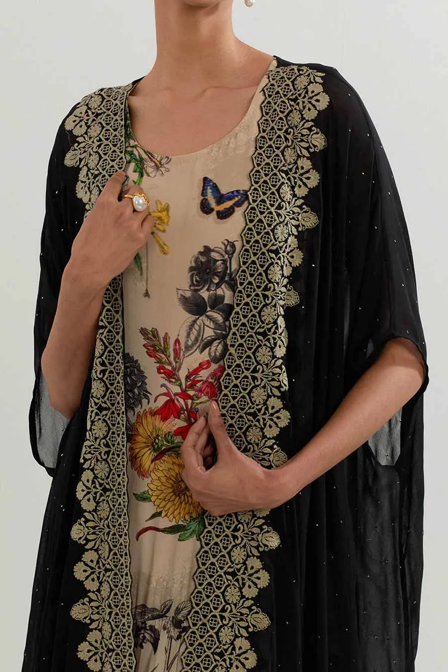 Embroidered Cape & Botanical Printed Dress Set